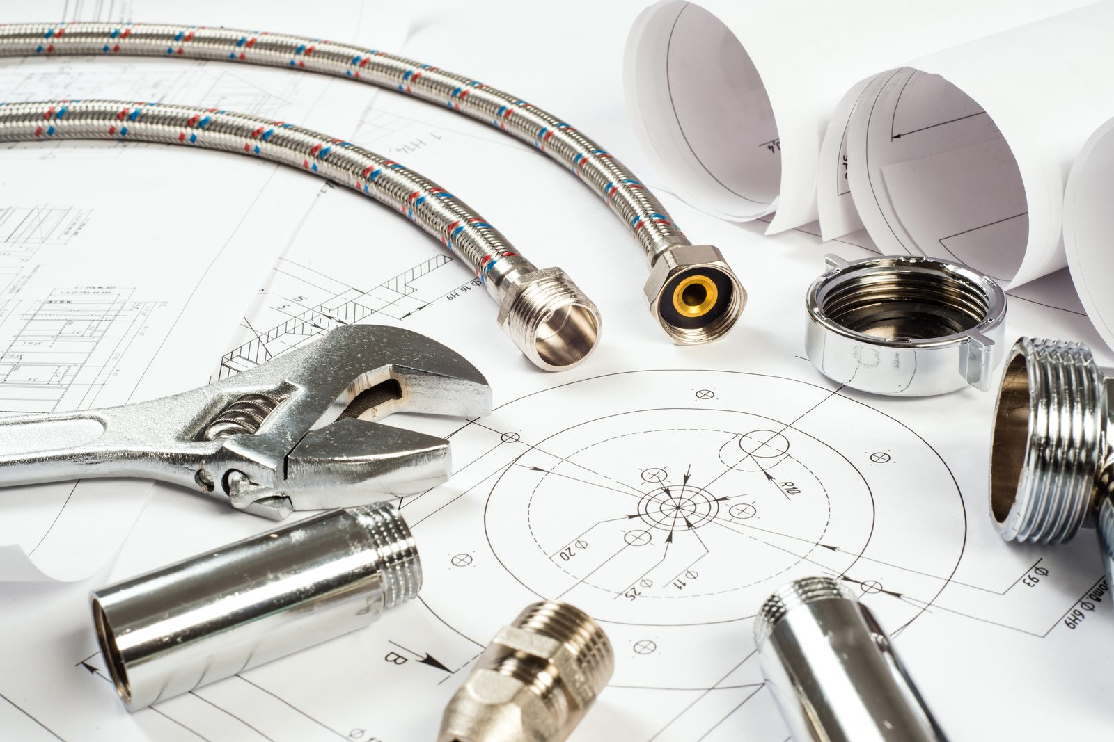 Plumbing tools with blueprint